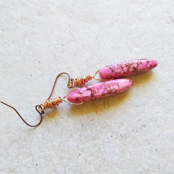 Pink & Mocha Mousse Stone Spikes + Copper Wire Earrings - Sexy Edgy Girly Hot - Picture 8 of 8
